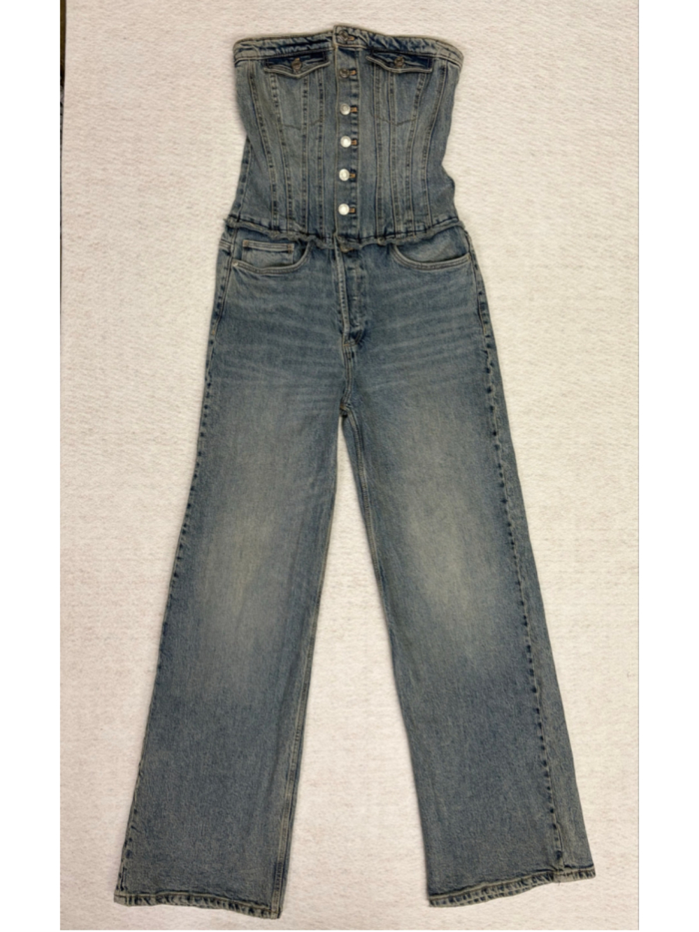 Zara TRF Denim Corset Jumpsuit Size M Strapless Bustier Wide Leg Jeans